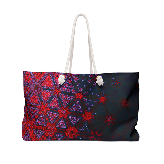 Weekender Bag - Vibrant Geometric Patterned Travel Duffel with Red, Purple, and Blue Triangles and Florals