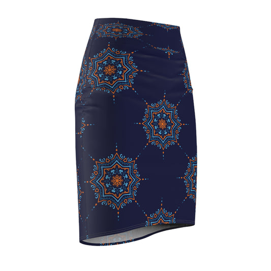 Women's Mid-Waist Mandela blue Pencil Skirt - My Store